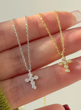 s925纯银镀14k黄金闪钻十字架项链女简约小巧精致高级感锁骨链女