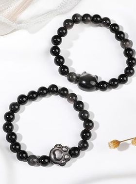 【情侣刻字代发】天然黑曜石猫咪银曜石猫咪猫爪手串情侣闺蜜手链