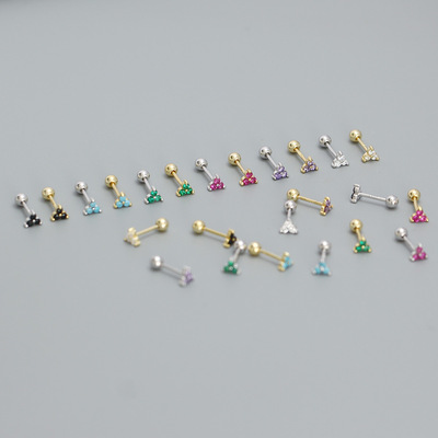 YHE0620 跨境幸运草耳钉s925银ins彩色三叶草螺纹耳骨钉穿刺耳饰