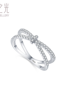 s925银交叉线条戒指女欧美ins网红轻奢高级感镶钻闭口食指指环批