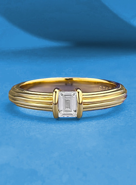 辉之翼珠宝 S925银镀金色3*4长方单钻戒指女简约唯美星芒女戒指环