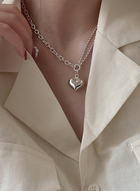 韩版S925银甜美爱心双层项链女复古时尚气质桃心锁骨链创意毛衣链