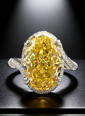 洛熙寺珠宝 新款S925银环形10*15mm椭圆黄钻冰花切戒指小红书直播