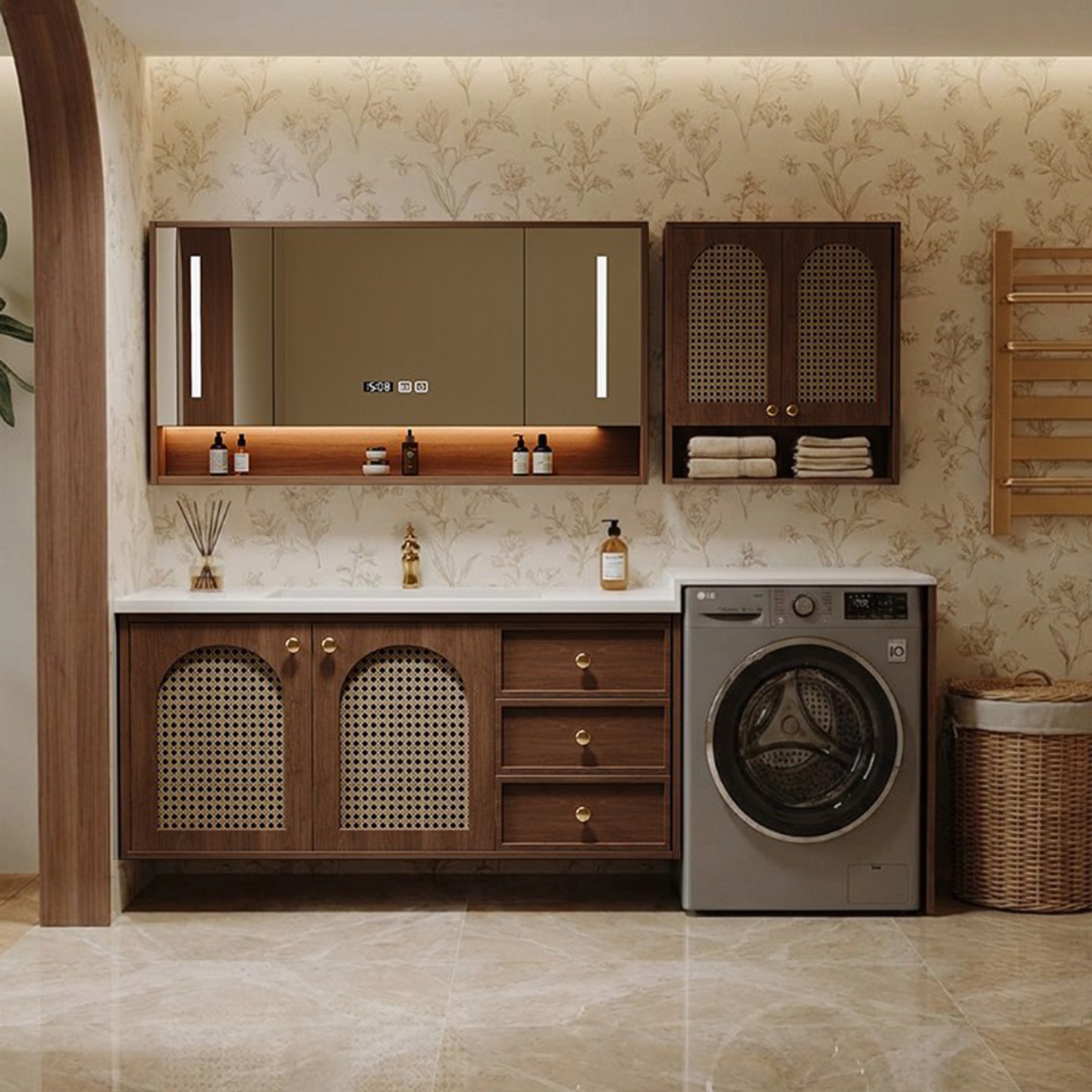 法式中古风藤编实木烤漆浴室柜洗衣机一体柜组合岩板卫生间洗漱台,家装主材,浴室柜组合,淘宝优惠券,粉丝福利购,淘宝优惠卷