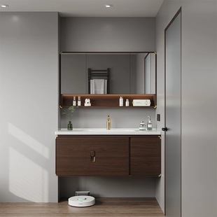 意式 轻奢半透胡桃木浴室柜陶瓷一体盆卫生间洗手台洗簌脸盆柜组合
