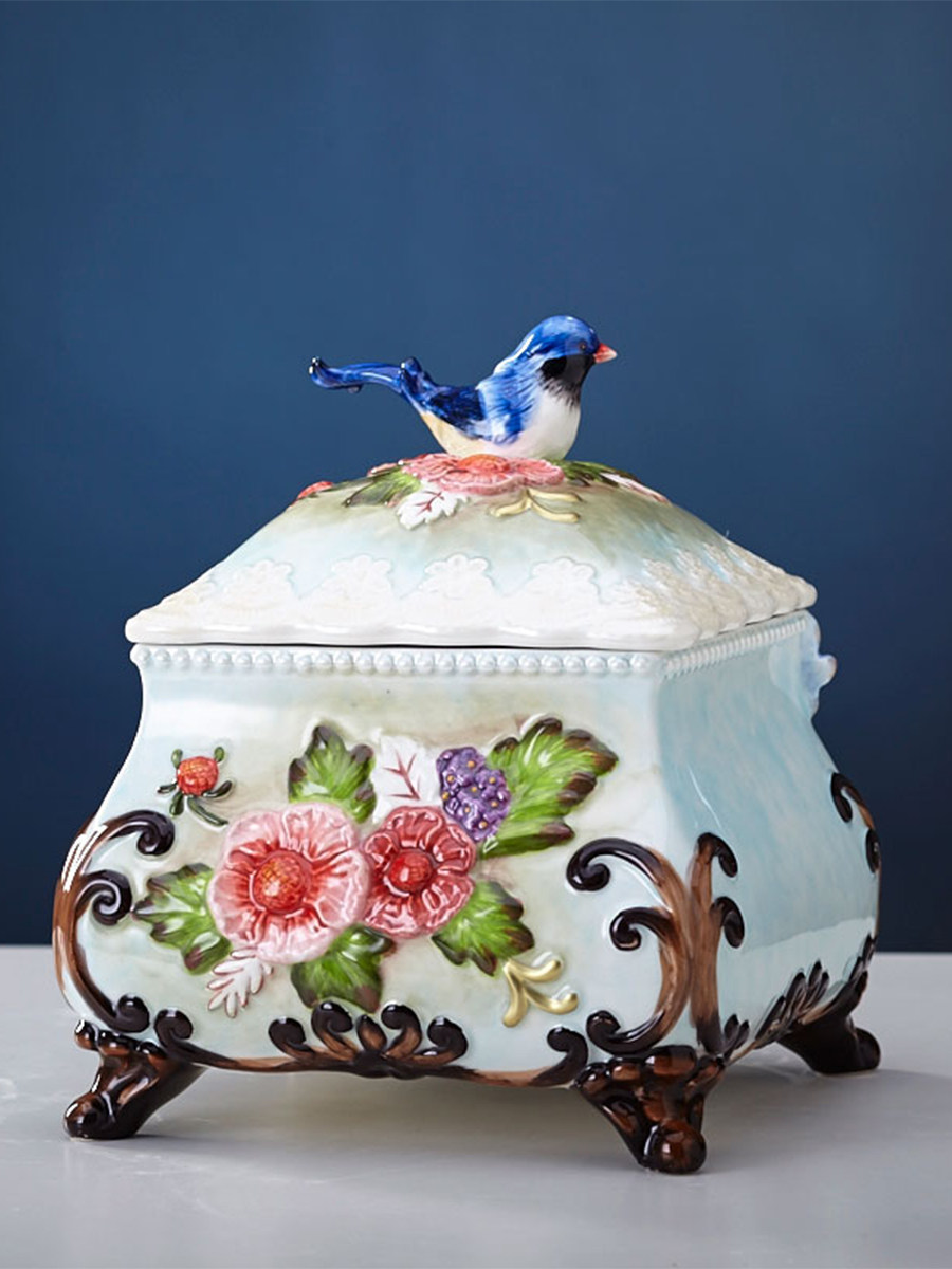 大号茶叶罐蓝凤桃花糖果罐欧式陶瓷罐子饼干罐点心罐密封储物罐