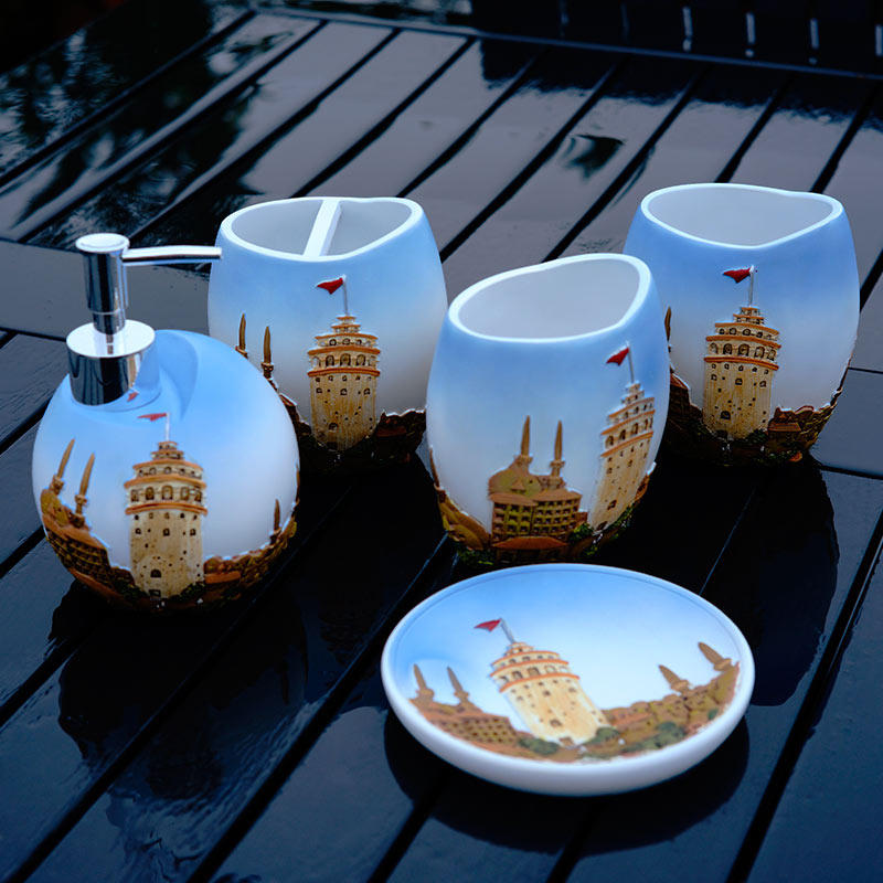 地中海浴室套装卫浴套件蓝色城堡树脂卫浴五件套洗漱杯漱口杯套装