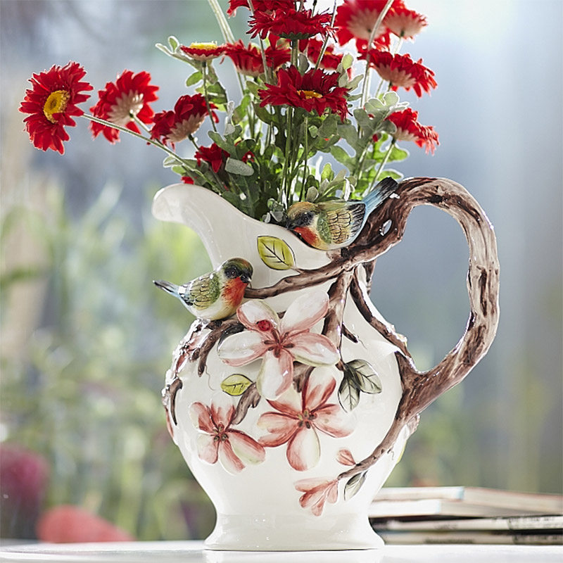 国画系花鸟陶瓷大号花瓶水罐现代时尚欧式摆件美式乡村