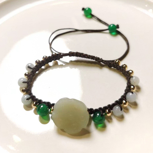 创汇期新疆和田玉莲蓬配翡翠玛瑙编结手链高洁多福复古优芝设计