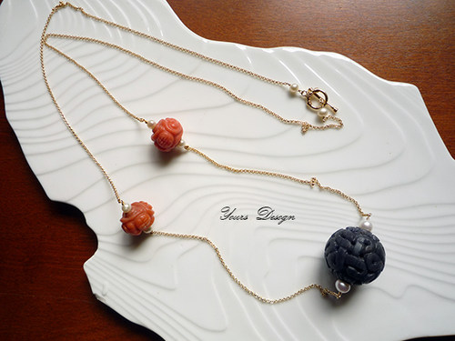 原创手作 超大老外贸蓝东陵玉琉璃雕花珠超长项链毛衣链 优芝设计