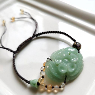 创汇期东陵玉密玉桃花雕片配翡翠玛瑙景泰蓝编结手链复古优芝设计