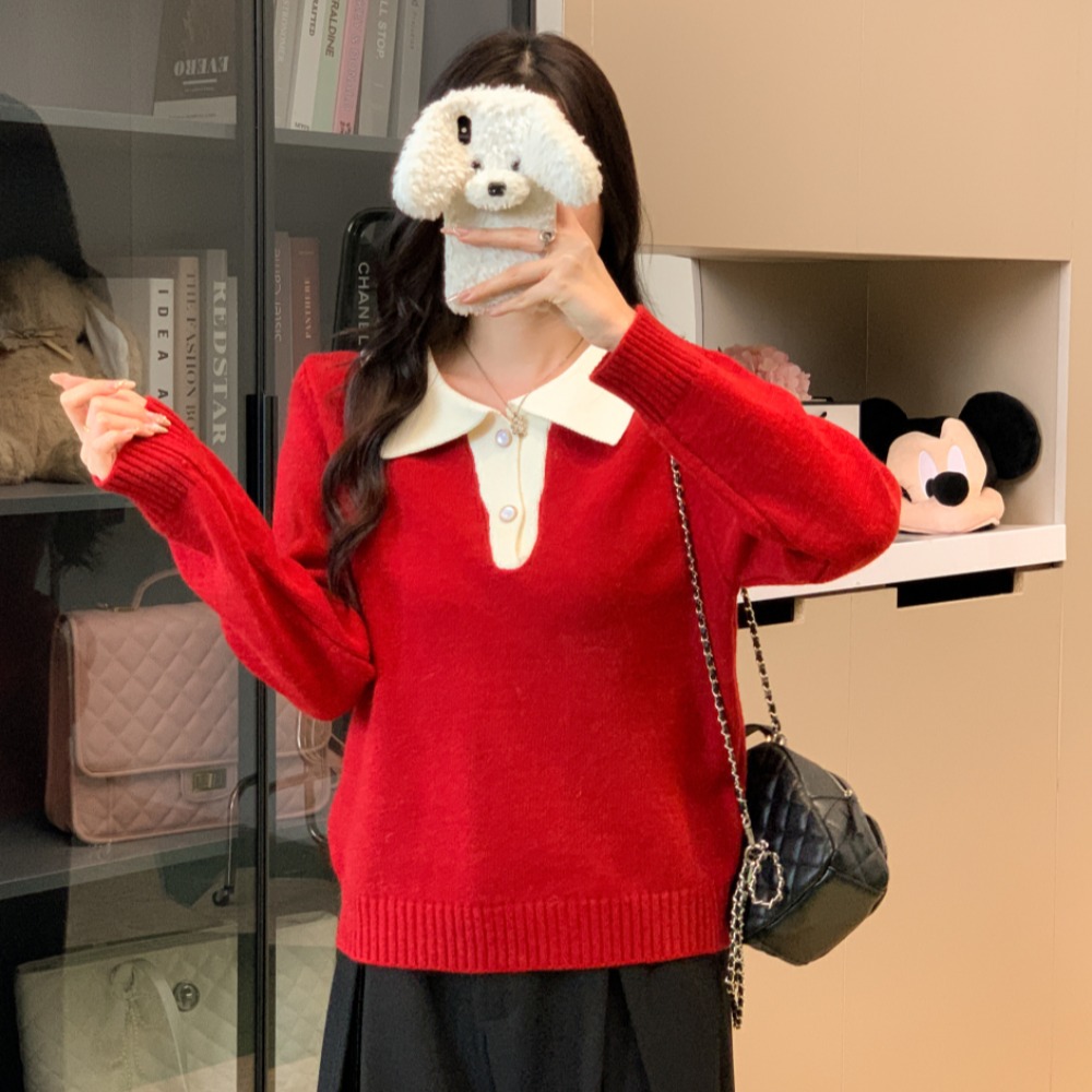 撞色样衣polo领通勤宽松套头毛衣女上衣简单高级设计感