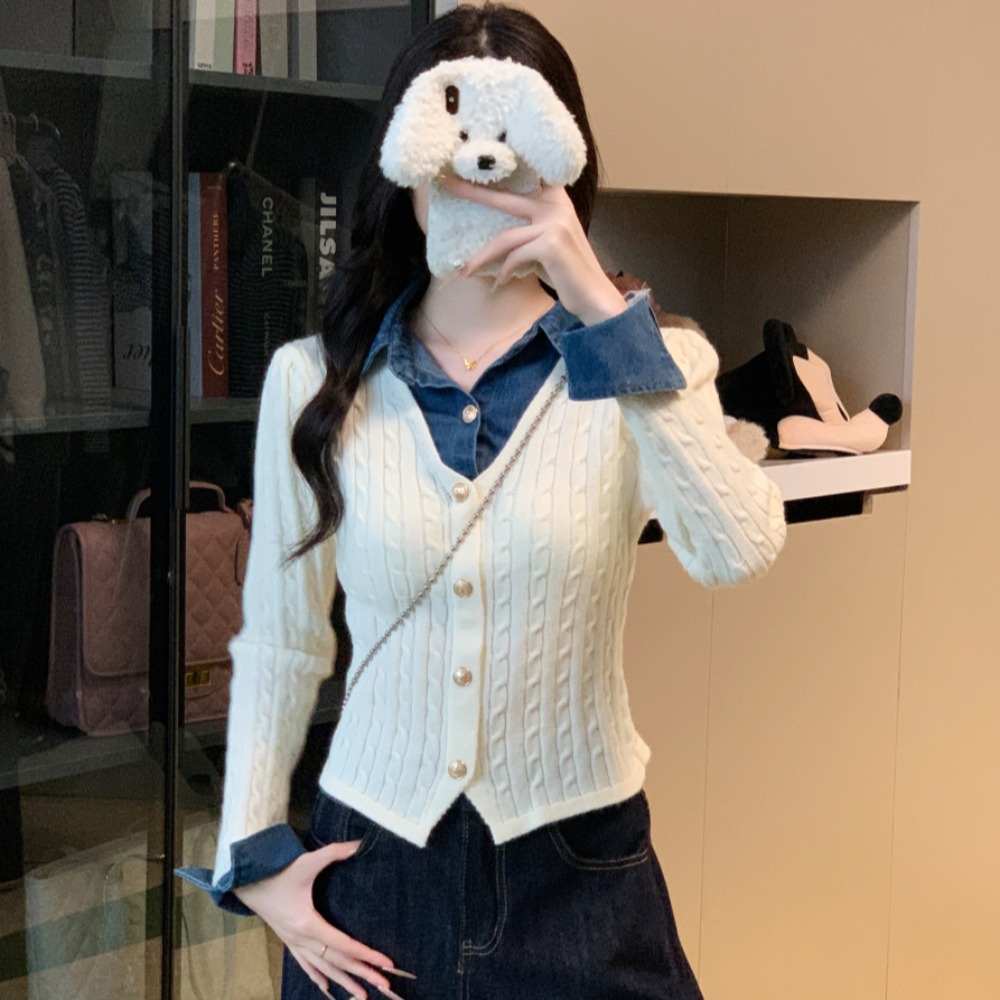 秋冬新款牛仔拼接扭花假两件时尚气质针织开衫外套上衣女