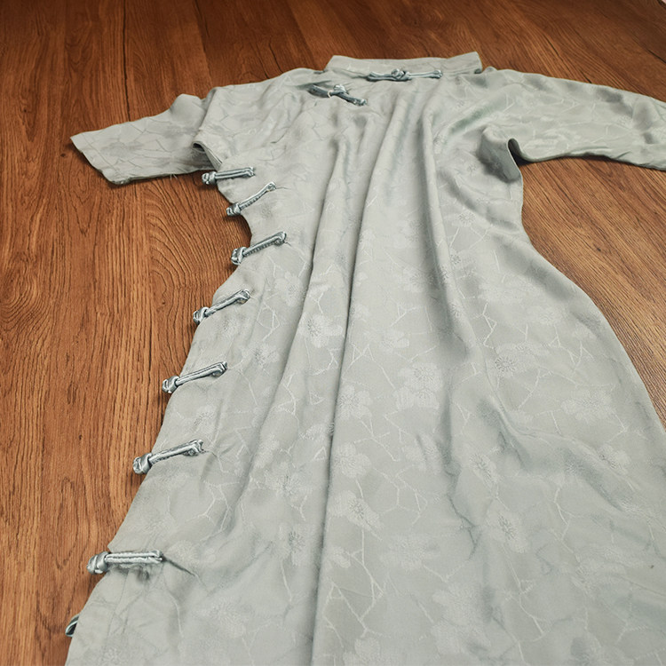 春秋新款一片式古法平裁全开襟连肩四分袖修身日常棉麻旗袍连衣裙