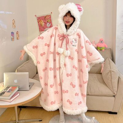 hellokitty睡衣女冬季珊瑚绒加厚连帽斗篷凯蒂猫睡袍软妹网红爆款