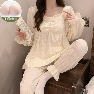 带胸垫睡衣女春秋薄款长袖套装女