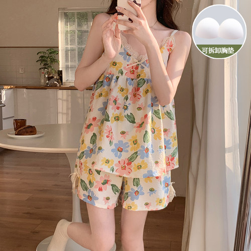 带胸垫甜美花朵吊带短裤夏款睡衣
