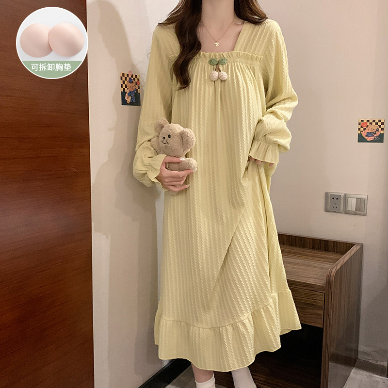 公主风睡裙女款春秋季棉质长袖带胸垫胖mm宽松大码孕妇家居服睡衣