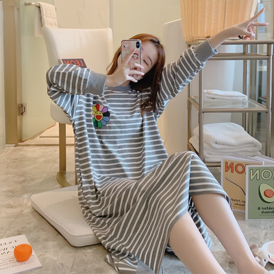 睡裙女春秋长袖纯棉条纹宽松可爱