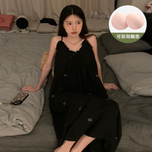 2026新款带胸垫云朵棉吊带睡裙女款夏季黑色性感风夏天中长款睡衣