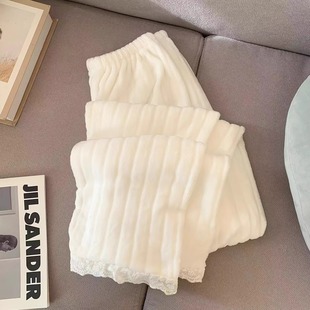 珊瑚绒睡裤女长裤秋冬季保暖法兰毛绒休闲遛弯家居裤蕾丝花边裤子