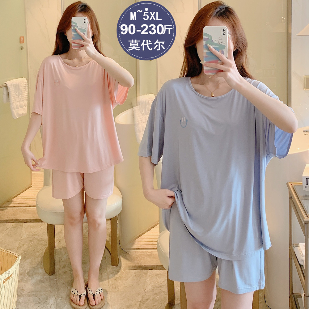 莫代尔大码睡衣女200斤夏季冰丝纯棉带胸垫胖MM加肥加大两件套装