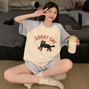 可外穿宽松家居服套装 格子腊肠狗睡衣女2025新款 短裤 棉质夏季 短袖