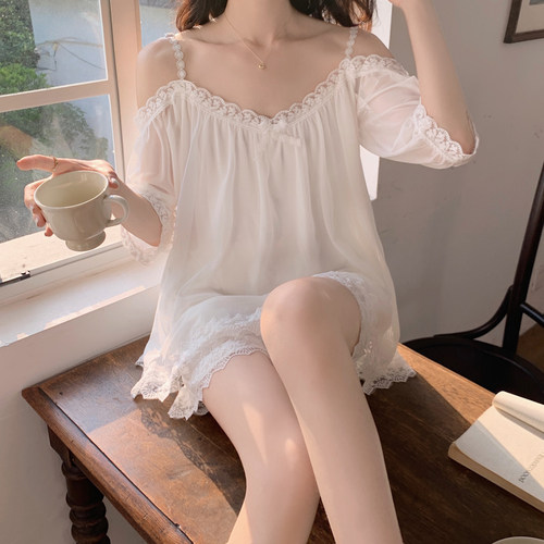 大码蕾丝吊带网纱纯欲家居服套装