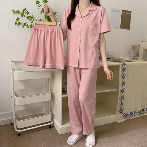 开衫翻领睡衣女士夏季甜美粉短袖