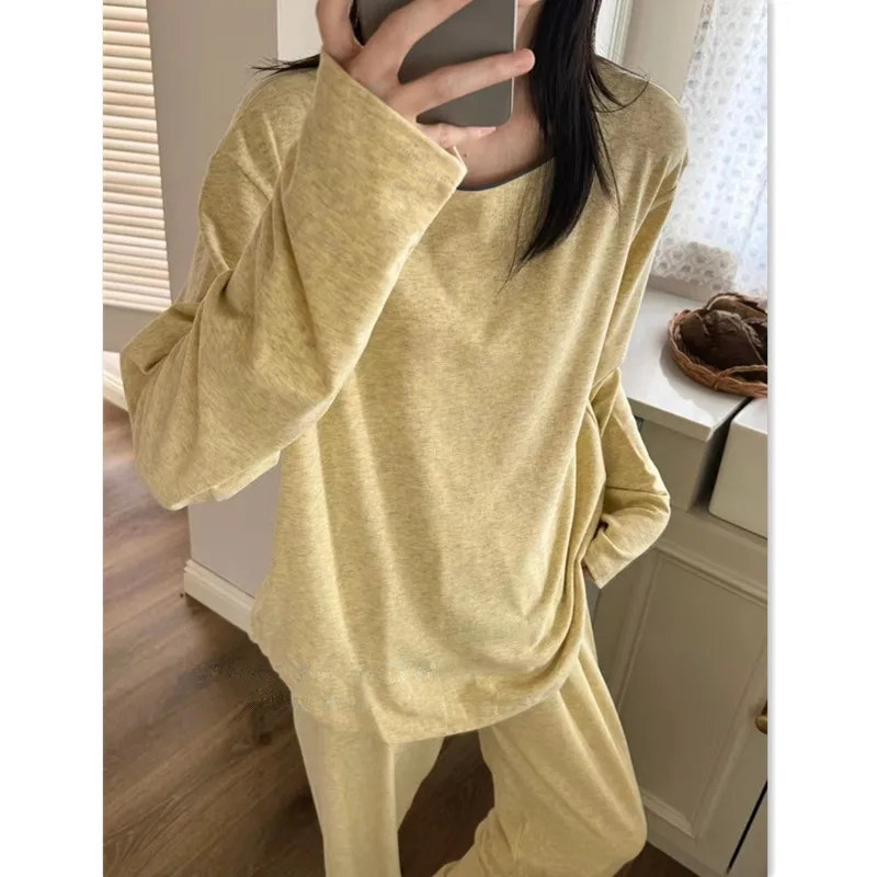 韩版慵懒风睡衣套装秋冬套头长袖