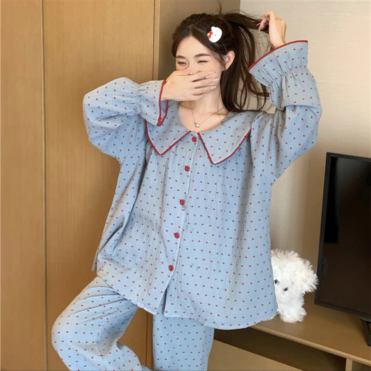 睡衣女春秋款韩版甜美大翻领波点云朵棉长袖长裤家居服套装秋冬季,女士内衣/男士内衣/家居服,睡衣/家居服套装,淘宝优惠券,粉丝福利购,淘宝优惠卷