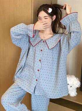 睡衣女春秋韩版甜美大翻领云朵棉