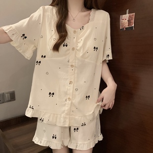棉纱甜美蝴蝶结带胸垫可外穿家居服 云朵棉睡衣女夏季 新款 短袖 短裤