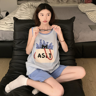 甜美可爱背心家居服套装 带胸垫睡衣女夏季 短裤 2025年新款 棉质无袖