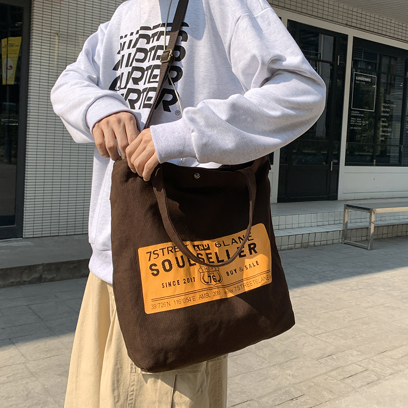 韩国新品黑色慵懒风帆布手提包单肩斜挎包袋百搭复古邮差包男女包
