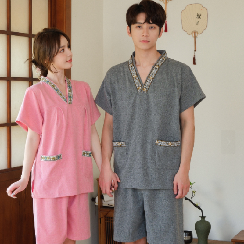 汗蒸服纯棉男女情侣桑拿洗浴服苎麻家居服睡衣大码按摩足疗服刮痧