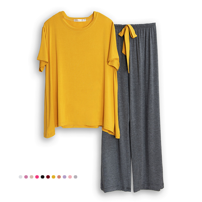 春秋莫代尔女睡衣套装短袖长裤凉感大码薄弹力休闲宽松运动家居服
