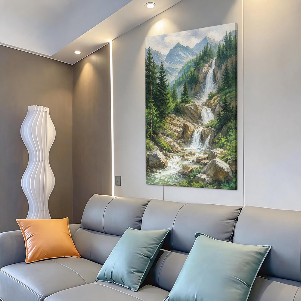 风景瀑布油画挂画客厅沙发背景墙装饰画现代简约壁画