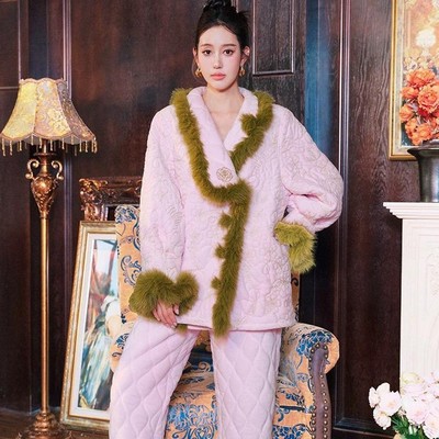 新款金线满绣撞色三层加厚睡衣