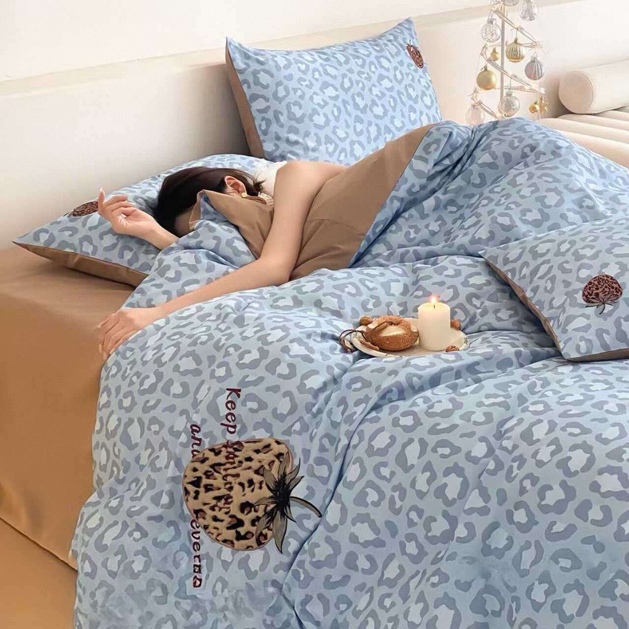 简约豹纹长绒棉四件套活性印花被套高级感全棉被单床笠款床上用品