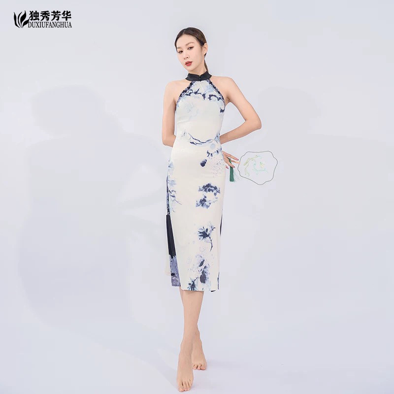 古典舞旗袍白色2025新款无袖性感改良旗袍连衣裙古风爵士表演出服