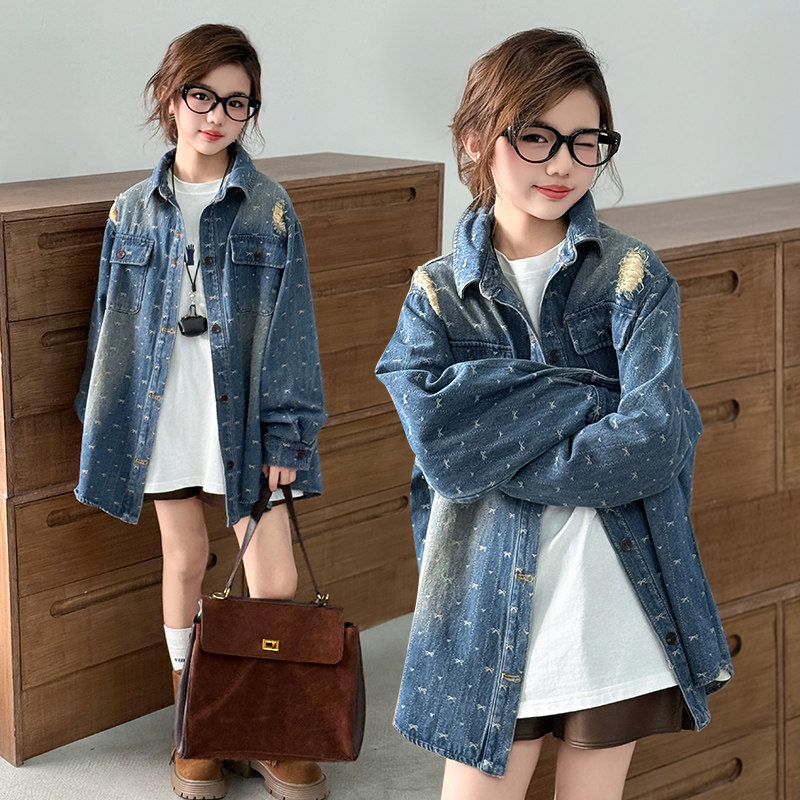 女童牛仔衬衫春秋款2025新款洋气女孩儿童春装衬衣外套中大童上衣