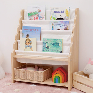 儿童书架玩具二合一实木收纳架家用宝宝阅读角落地多层布艺绘本架
