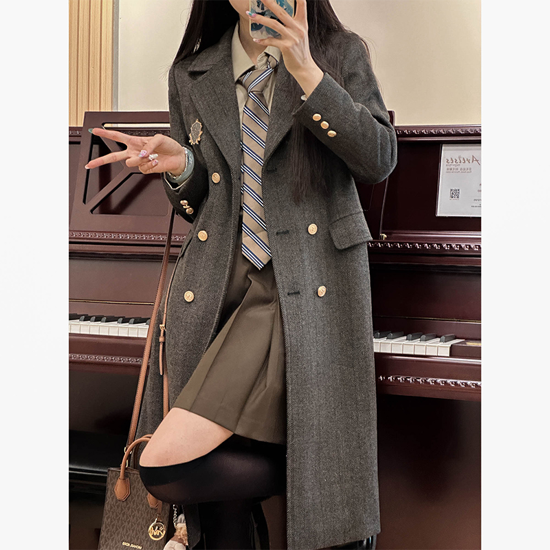 车厘子jk原创 人字纹羊毛大衣女秋冬灰色高级感中长款双排扣外套
