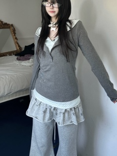 咖喱人美式复古Y2K波点拼接假两件长袖T恤女亚文化显瘦连帽卫衣