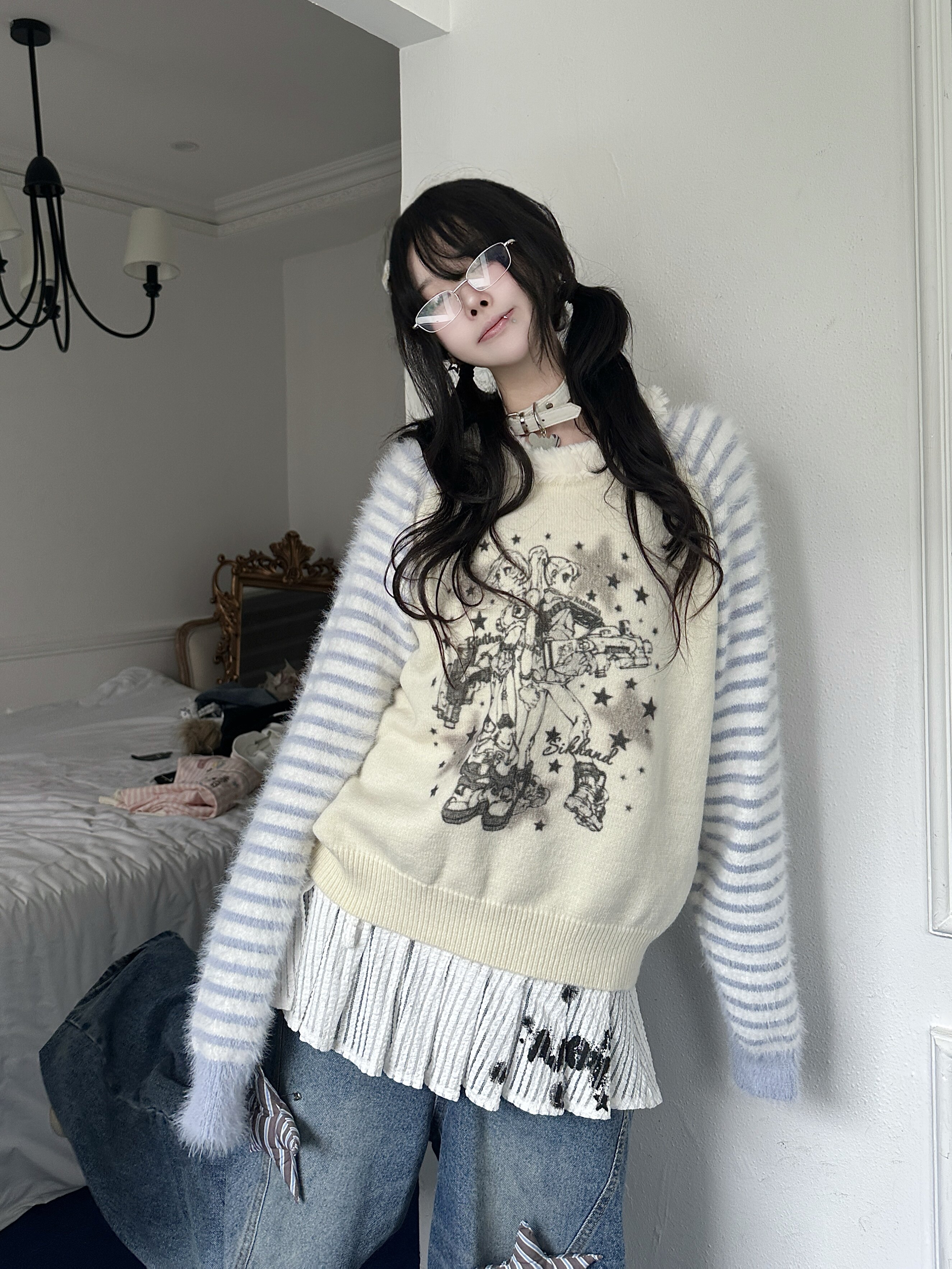 咖喱人秋冬毛领条纹拼接y2k卡通印花针织圆领毛衣女复古休闲可爱