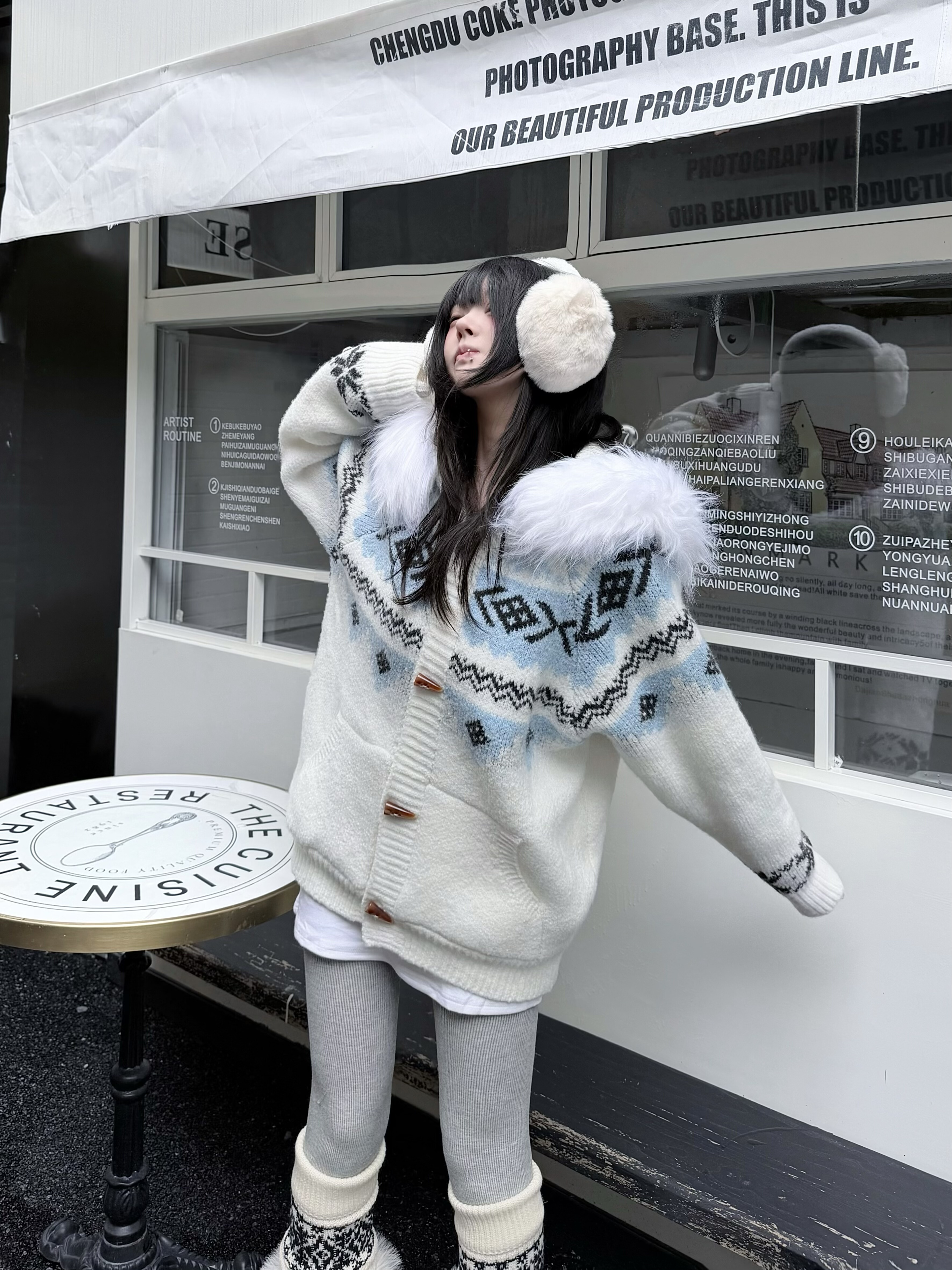 咖喱人费尔岛毛衣男女可拆卸毛领牛角扣连帽秋冬慵懒宽松针织外套