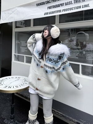 咖喱人费尔岛毛衣男女可拆卸毛领牛角扣连帽秋冬慵懒宽松针织外套