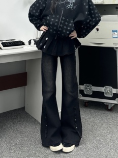 咖喱人美式裤裙一体假两件牛仔裤女轻亚风修身显瘦微喇叭裤子y2k