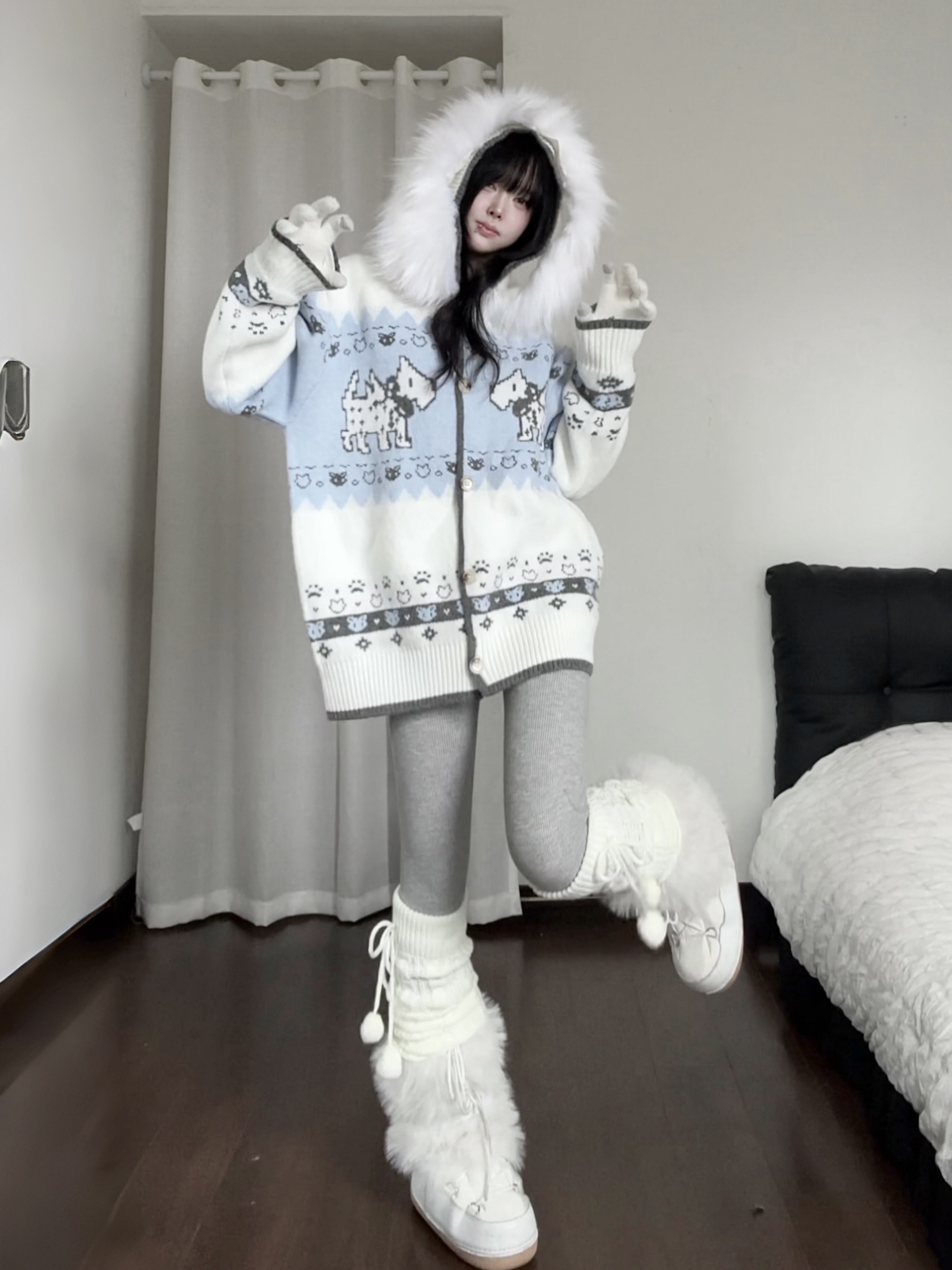 咖喱人费尔岛小狗毛领连帽针织开衫女秋冬新款宽松慵懒风毛衣外套